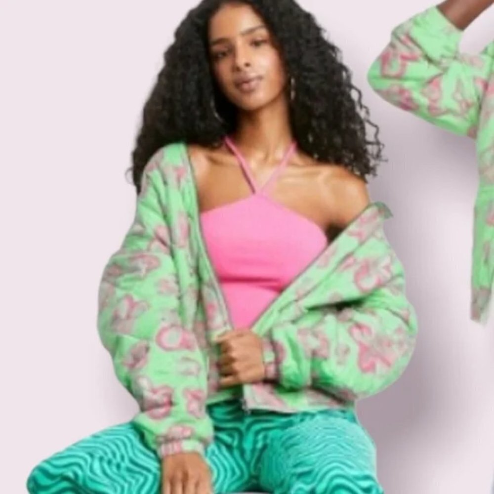 WILD Fable Jacket Mint Green Floral Quilted Hooded Retro Oversized Coat